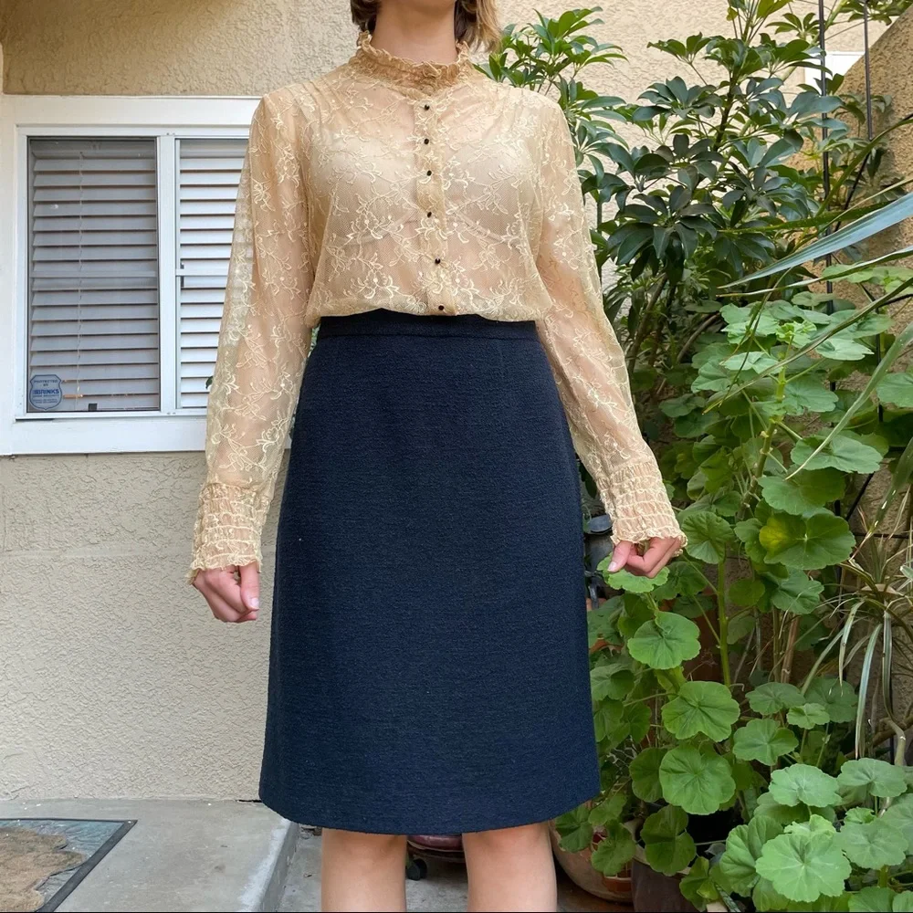 Vintage navy blue Chanel wool pencil skirt with original Chanel hanger